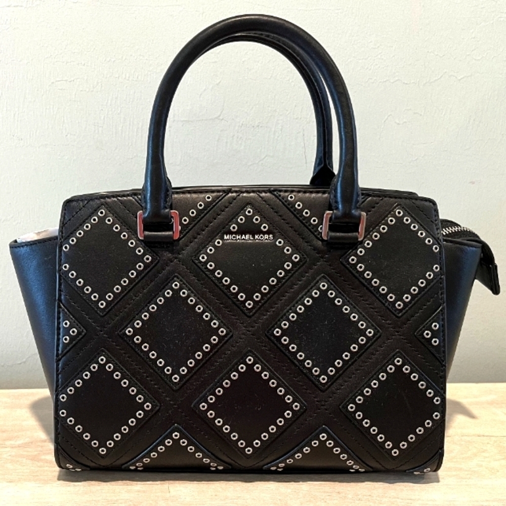 Michael‎ Kors Selma Silver Diamond Grommet Leather Shoulder Bag/Satchel  …